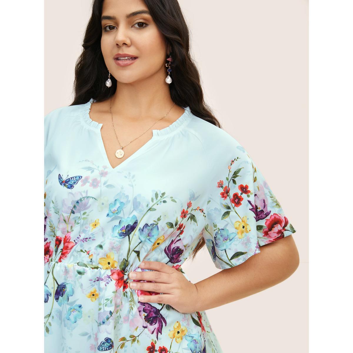 Plus Size Skyblue Floral Flat Collar With V Notch Frill Trim Blouse Women Elegant Short sleeve Flat collar with V-notch Everyday Blouses BloomChic 22-24/3X Product Image