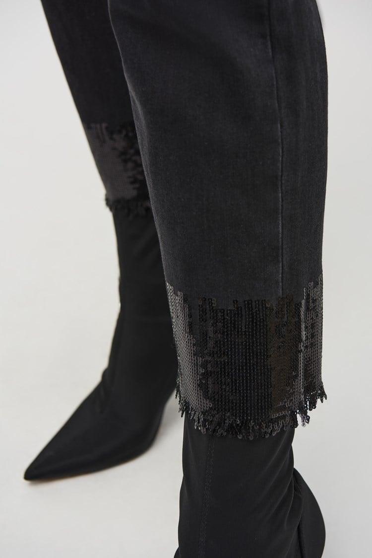 Straight Crop Denim Pants with Sequin Trim- Black Product Image