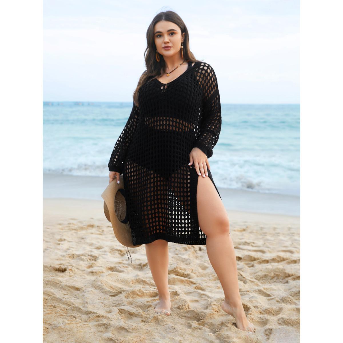 Plus Size Cut-Out Split Side Hem Swim Cover Up Women's Swimwear Black Beach Loose Cut-Out Curve Swim Cover Ups BloomChic 30/6X Product Image