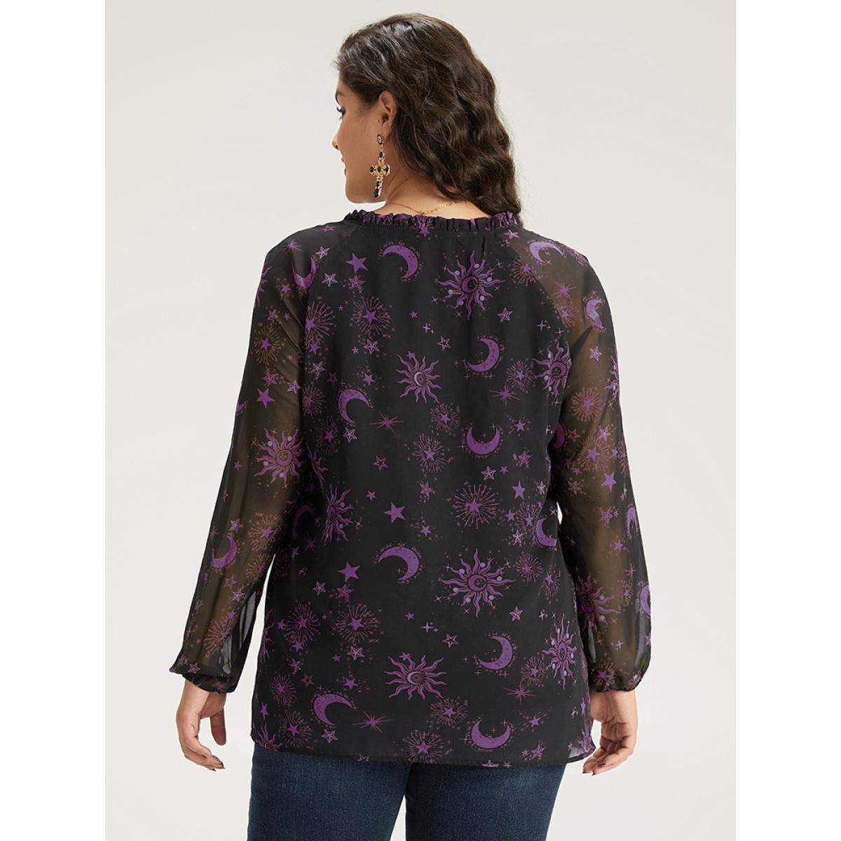 Plus Size Purple Halloween Moon & Star Print Tie Neck Mesh Lantern Sleeve Blouse Women Elegant Long Sleeve Tie Neck Festival-Halloween Blouses BloomChic 14-16/1X Product Image