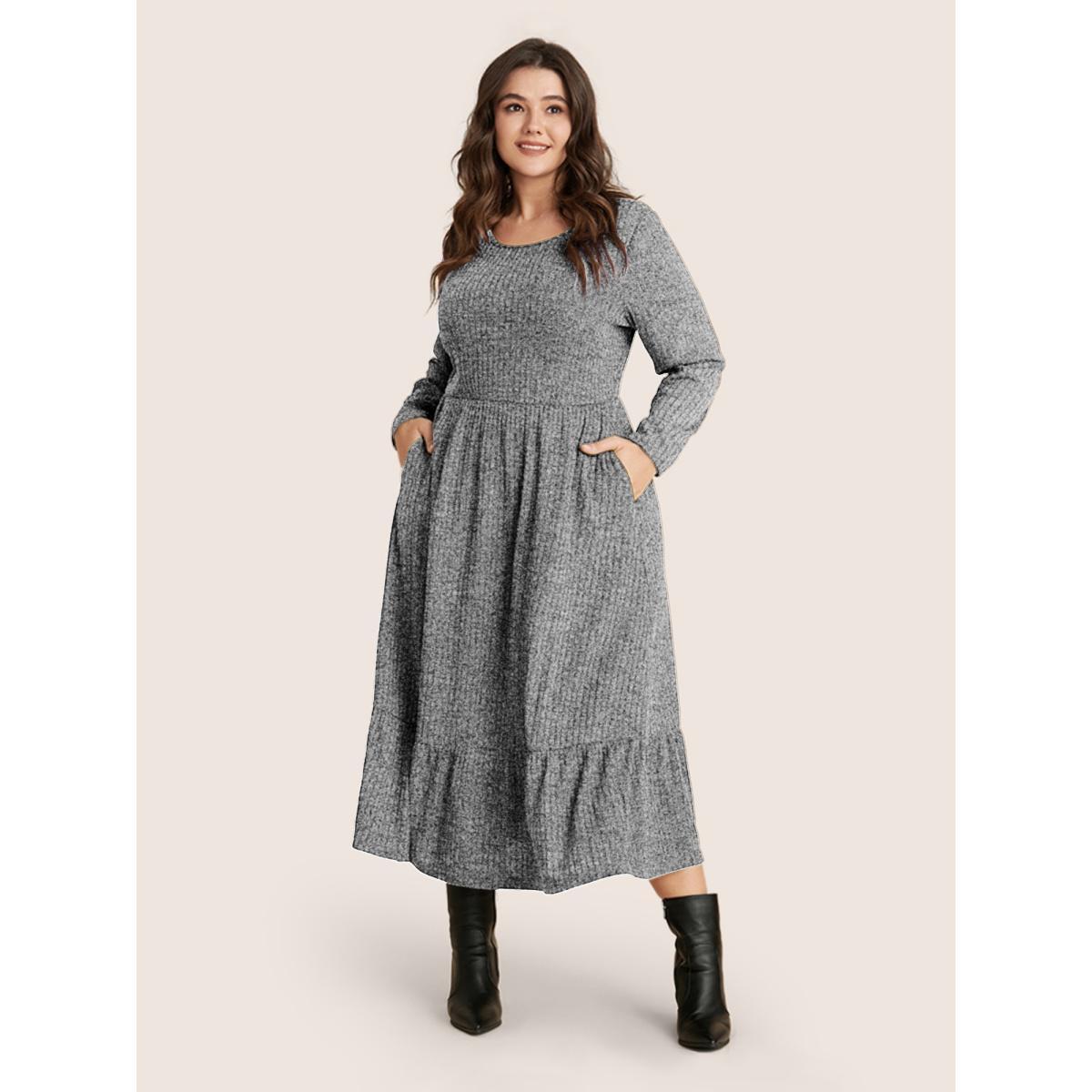 Plus Size Solid Pocket Rib Knit Ruffle Hem Dress Without Belt Mediumgray Women Basics Non Round Neck Long Sleeve Curvy Midi Dress BloomChic 26/4X Product Image