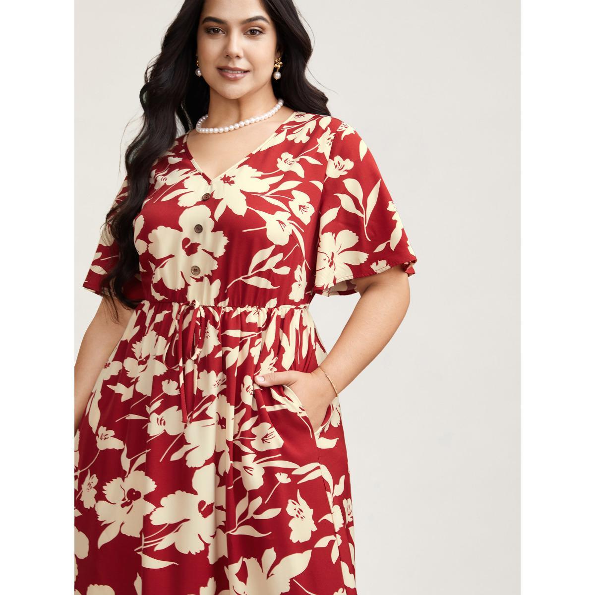Plus Size Flirty Floral Print Tied Tiered Maxi Dress Russet Women Elegant Tie knot V-neck Half Sleeve Curvy BloomChic 28/5X Product Image