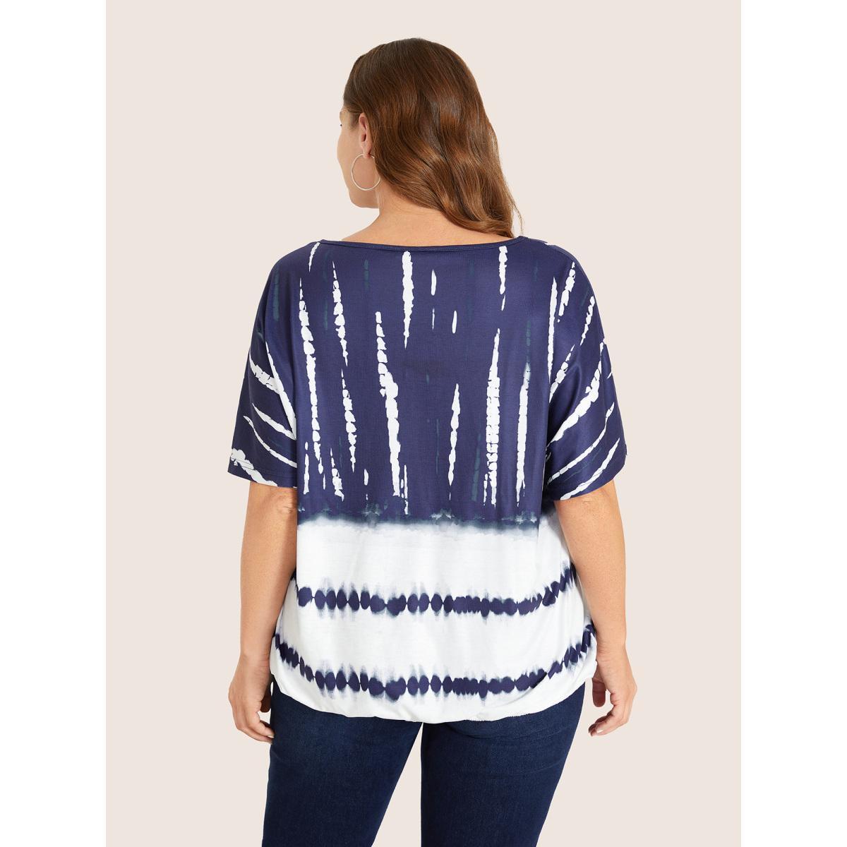 Plus Size Tie Dye Batwing Sleeve T-shirt Indigo Women Casual Tie Dye V-neck Everyday T-shirts BloomChic 18-20/2X Product Image
