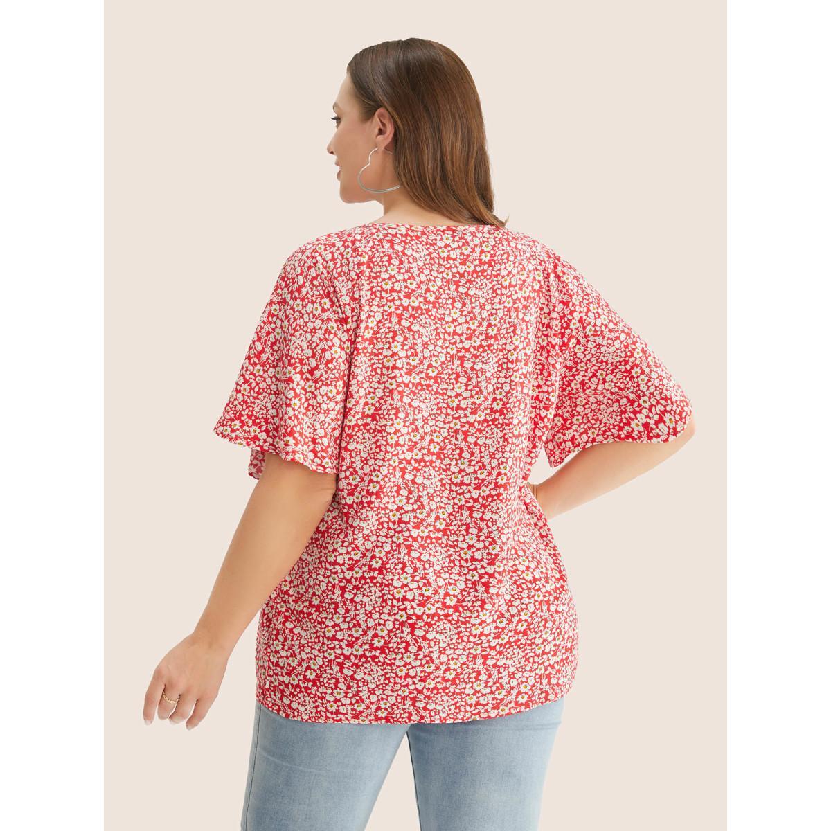 Plus Size Crimson Ditsy Floral Ruffle Sleeve Tie Neck Blouse Women Elegant Short sleeve V-neck Everyday Blouses BloomChic 12/L Product Image