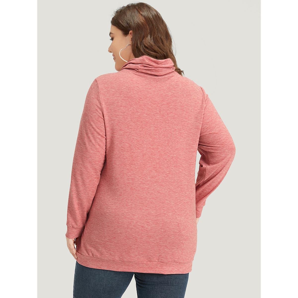 Plus Size Plain Heather Turtleneck Pocket Button Detail Sweatshirt Women Russet Casual Printed Turtleneck Dailywear Sweatshirts BloomChic 14-16/1X Product Image