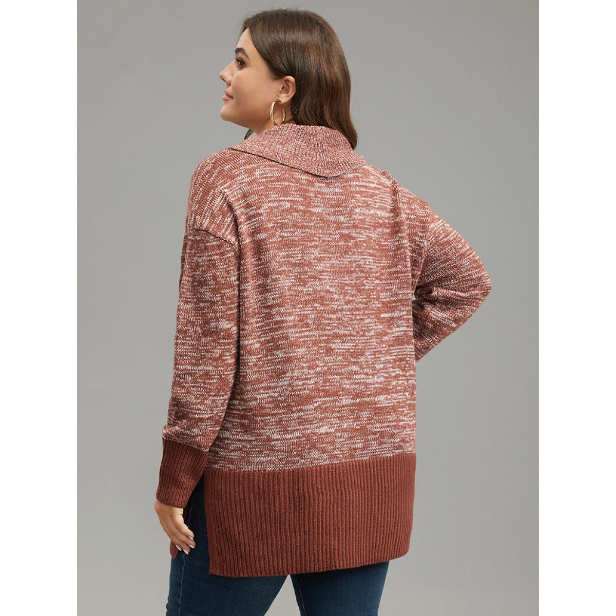 Plus Size Heather Lapel Collar Contrast Patchwork Pullover Rust Women Casual Loose Long Sleeve Lapel Collar Dailywear Pullovers BloomChic 28/5X Product Image