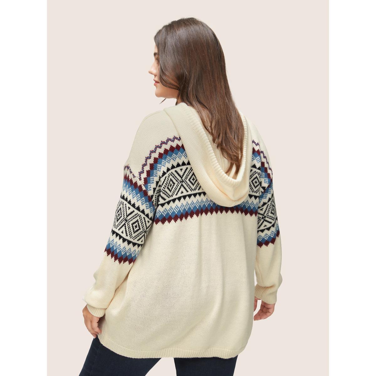 Plus Size Geometric Jacquard Drop Shoulder Drawstring Pullover Ivory Women Casual Loose Long Sleeve Hooded Everyday Pullovers BloomChic 12/L Product Image