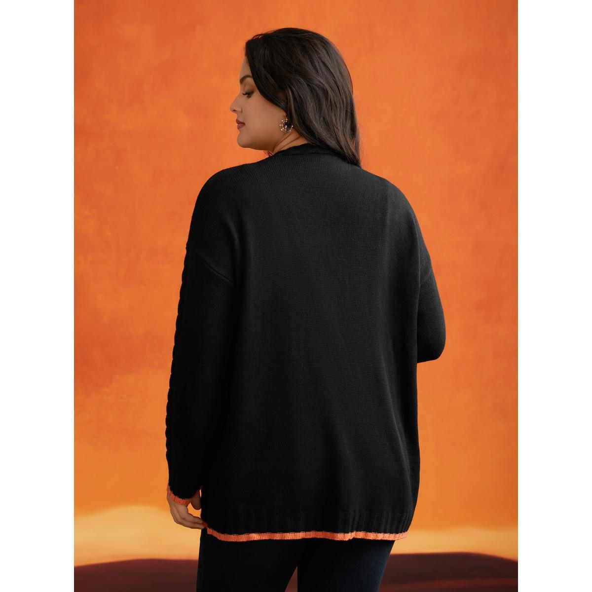 Plus Size Pumpkin Pocket Embroidered Contrasting Cardigan - For Halloween Black Women Casual Loose Long Sleeve Everyday Cardigans BloomChic 28/5X Product Image