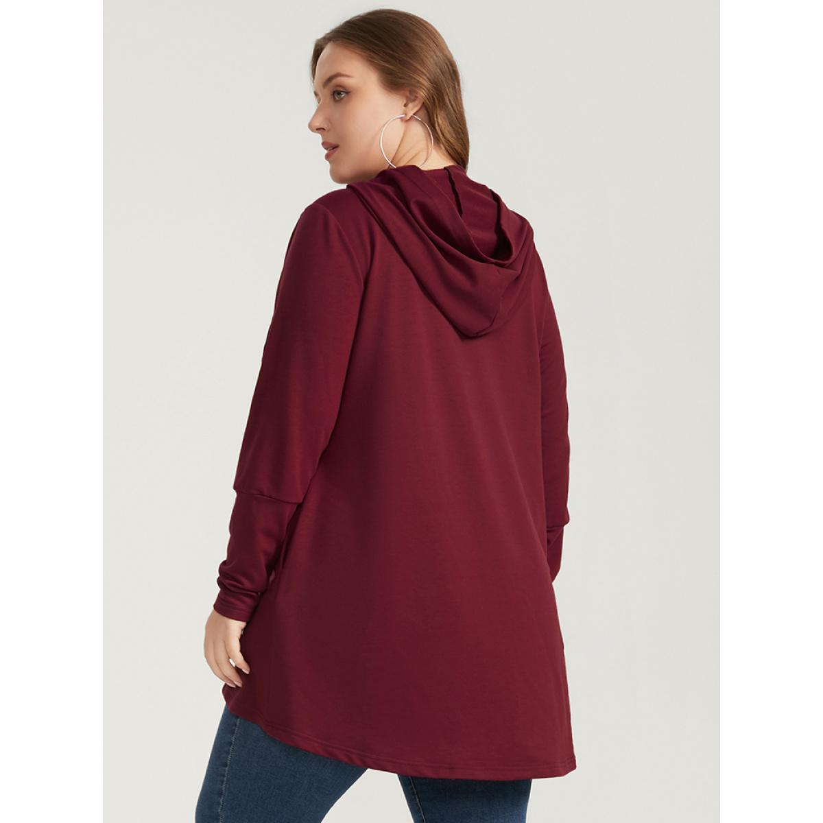 Plus Size Solid Pocket High Low Hem Hooded Sweatshirt Women Burgundy Casual Pocket Hooded Dailywear Sweatshirts BloomChic 14-16/1X Product Image
