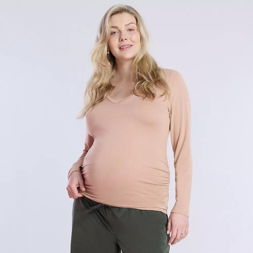 Maternity Motherhood® V-Neck Side Ruched Long Sleeve Tee, Women's, Size: Medium-Mat, White Product Image