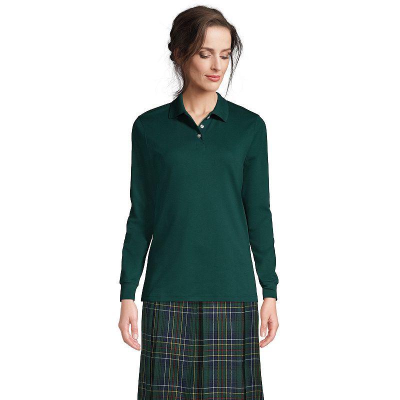 Women's Tall Lands' End School Uniform Long Sleeve Interlock Polo, Size: Small Tall, White Product Image