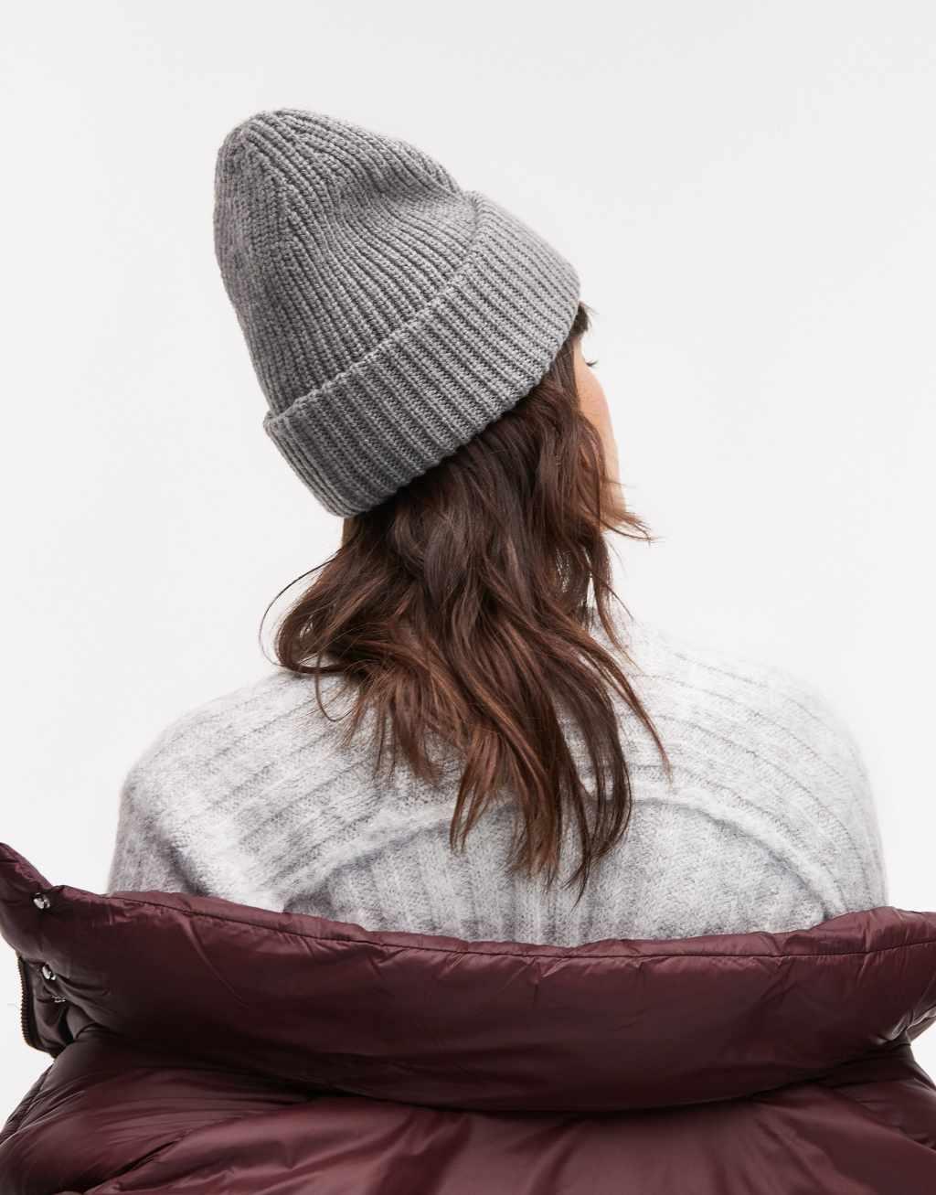AllSaints ribbed leather logo beanie in heather gray Product Image