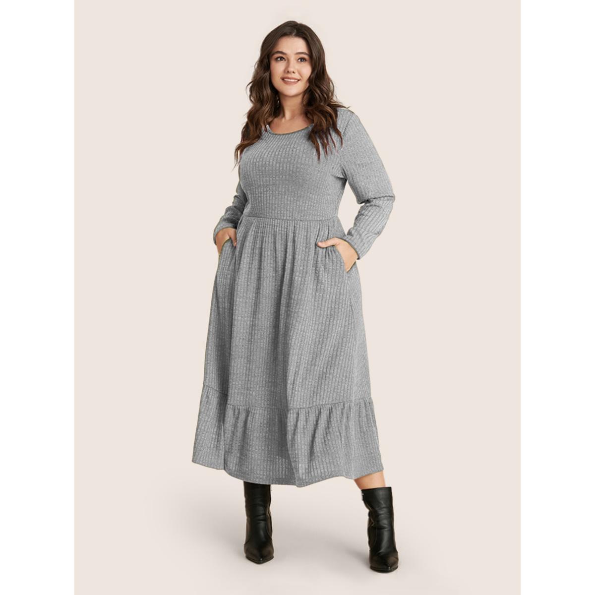 Plus Size Solid Pocket Rib Knit Ruffle Hem Dress Without Belt DarkGray Women Basics Non Round Neck Long Sleeve Curvy Midi Dress BloomChic 14-16/1X Product Image