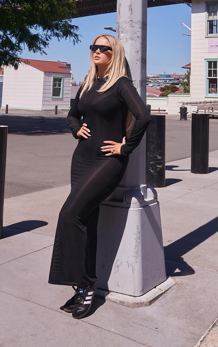 Black Sheer Rib Long Sleeve Midaxi Dress Product Image