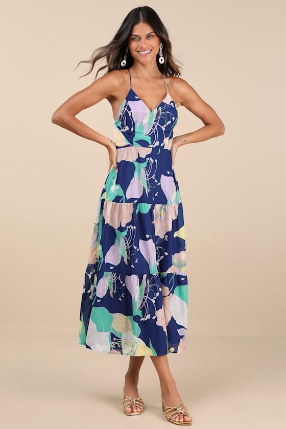 Hours of Flowers Blue Multi Floral Lace-Up Tiered Midi Dress Product Image