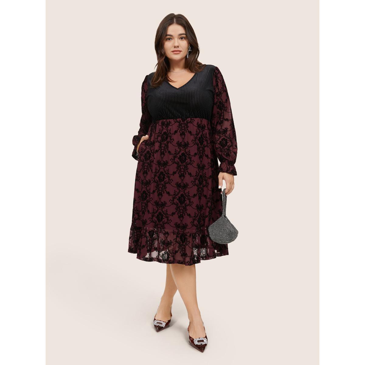 Plus Size Velvet Patchwork Geometric Pleated Dress Scarlet Women Elegant Texture V-neck Long Sleeve Curvy Midi Dress BloomChic 22-24/3X Product Image