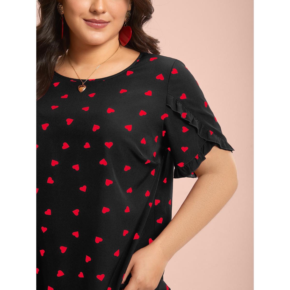 Plus Size Black Ruffled Overlap Sleeve Heart Pattern Blouse Women Elegant Short sleeve Round Neck Everyday Blouses BloomChic 30/6X Product Image