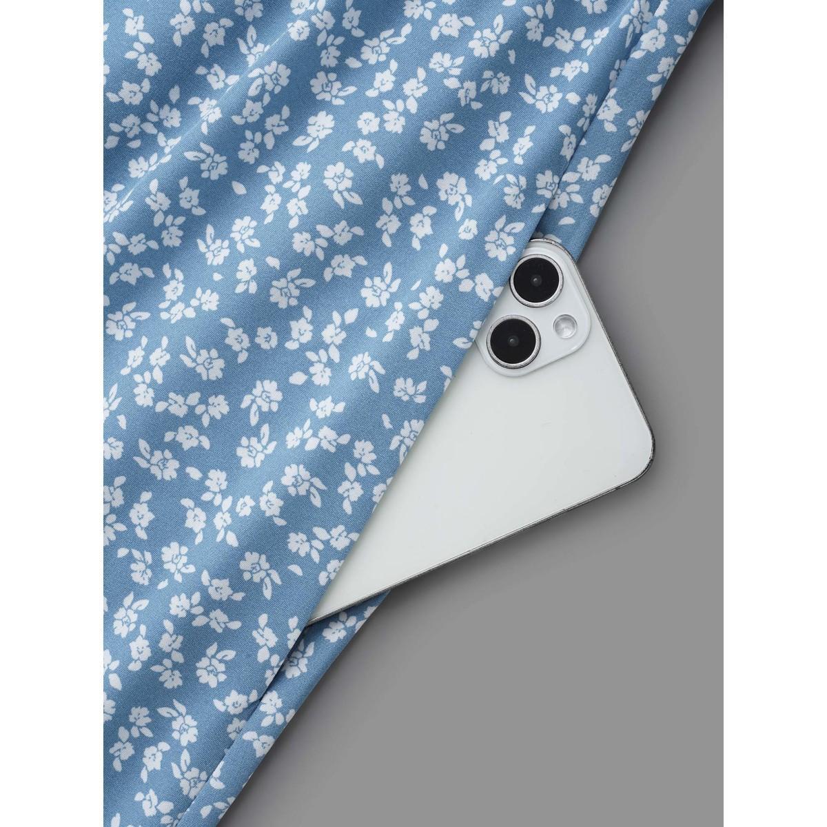 Plus Size Notched Ditsy Floral Button Midi Dress Mediumblue Women Casual Button Notched collar Elbow-length sleeve Curvy BloomChic 10/M Product Image