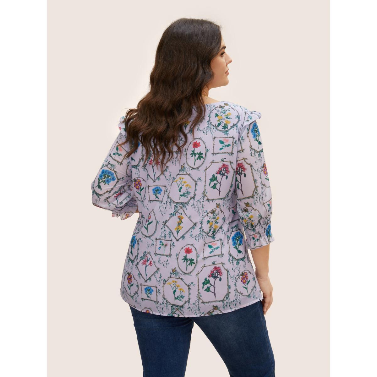 Plus Size Lavender Boho Print Lantern Sleeve Ruffle Trim Blouse Women Elegant Elbow-length sleeve V-neck Everyday Blouses BloomChic 14-16/1X Product Image