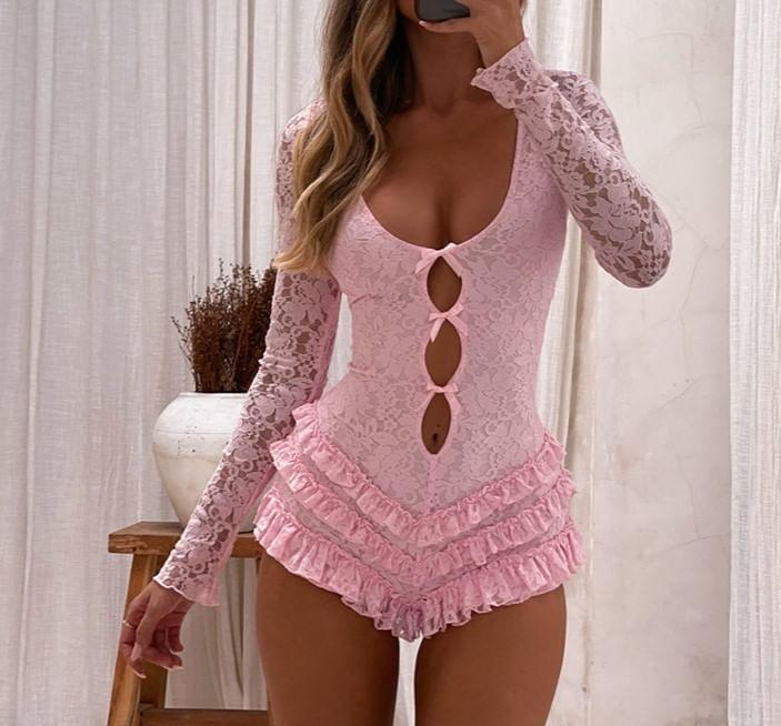 Long Sleeve Scoop-Neck Plain Lace Bow Accent Ruffled Playsuit Product Image