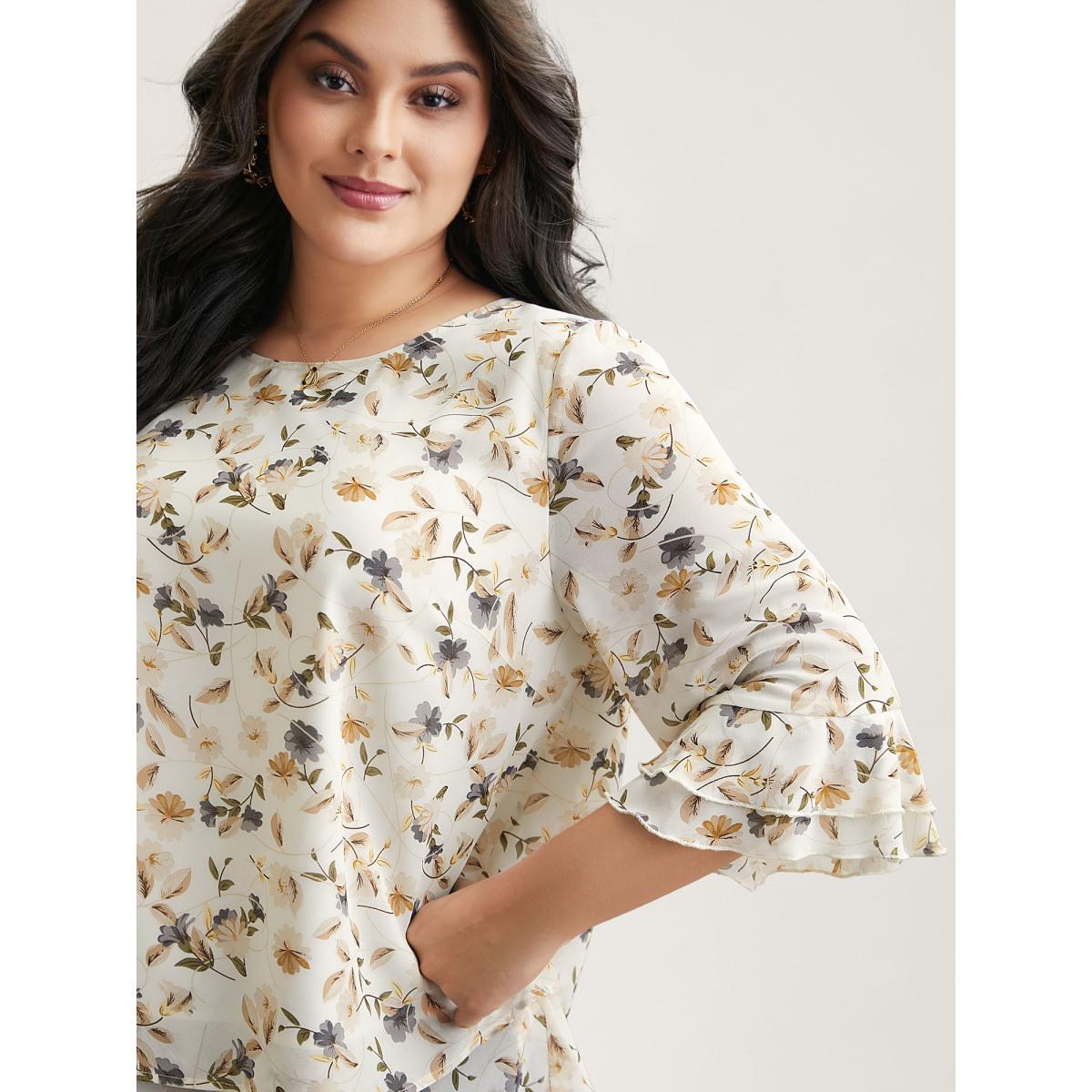 Plus Size Ivory Chiffon Floral Print Layered Blouse Women Elegant Elbow-length sleeve Round Neck Everyday Blouses BloomChic 22-24/3X Product Image