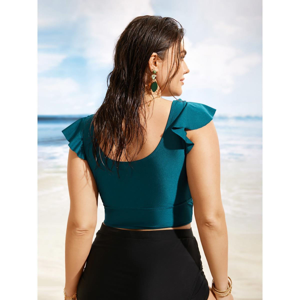 Plus Size Solid Wrap Ruffle Cap Sleeve Swim Top Women's Swimwear Cyan Beach Pleated High stretch Skinny Overlap Collar Curve Swim Tops BloomChic 10/M Product Image