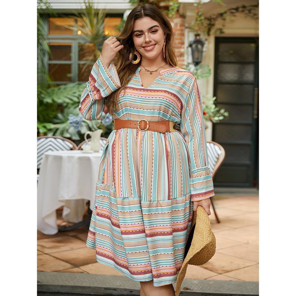 Plus Size Contrast Striped Notched Layered Hem Bell Sleeve Dress Multicolor Women Vacation Gathered Notched collar Long Sleeve Curvy Midi Dress BloomChic 22-24/3X Product Image