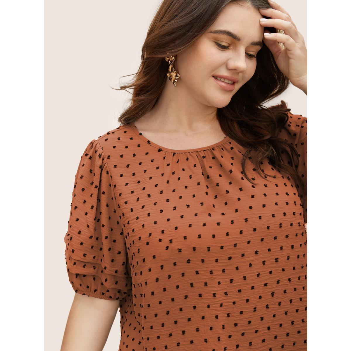 Plus Size Rust Textured Polka Dot Blouse Women Elegant Short sleeve Round Neck Everyday Blouses BloomChic 12/L Product Image