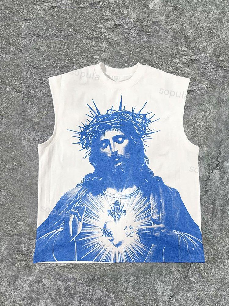 Vintage Jesus Print Cotton Tank Top Product Image