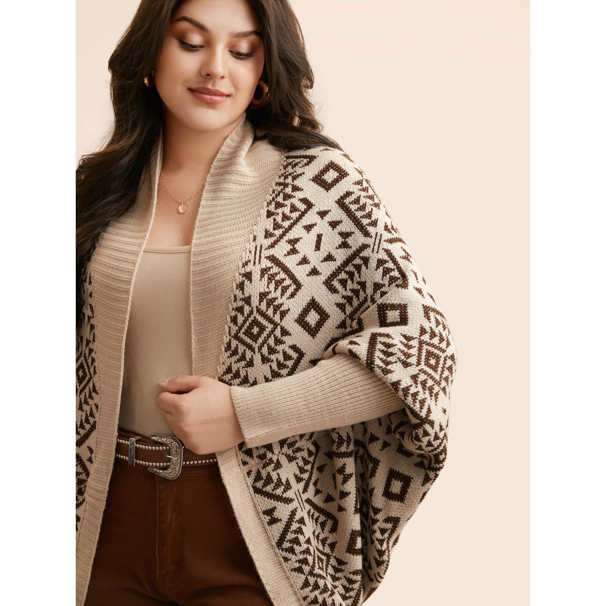 Plus Size Bandana Geometric Dolman Sleeve Cardigan DarkBrown Women Casual Loose Long Sleeve Everyday Cardigans BloomChic 26/4X Product Image