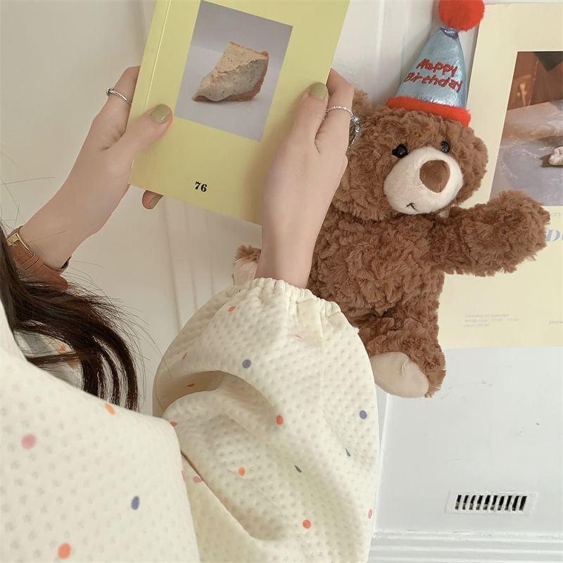 Puff-Sleeve Dotted Lace Trim Pajama Dress Product Image