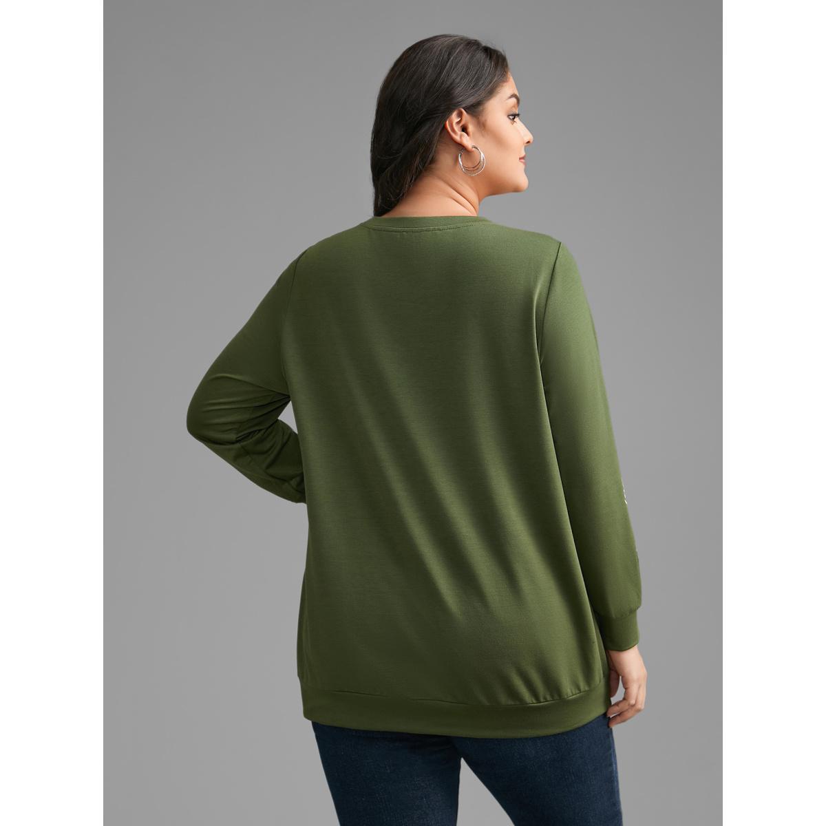 Plus Size Crew Neck Floral Embroidered Sweatshirt Women ArmyGreen Casual Embroidered Loose Round Neck Everyday Sweatshirts BloomChic 22-24/3X Product Image