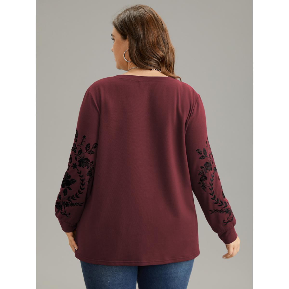 Plus Size Plants Embroidered Elastic Cuffs Crew Neck Sweatshirt Women Burgundy Casual Embroidered Round Neck Everyday Sweatshirts BloomChic 10/M Product Image