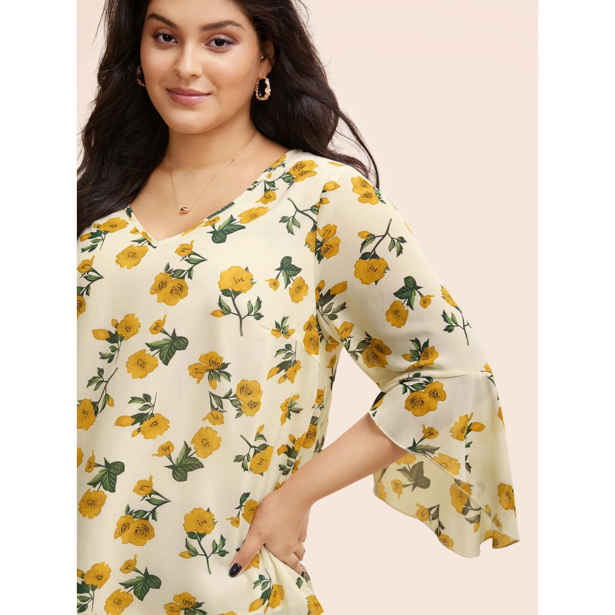 Plus Size Mustardyellow Floral Ruffle Sleeve Split Hem Blouse Women Elegant Elbow-length sleeve V-neck Everyday Blouses BloomChic 28/5X Product Image