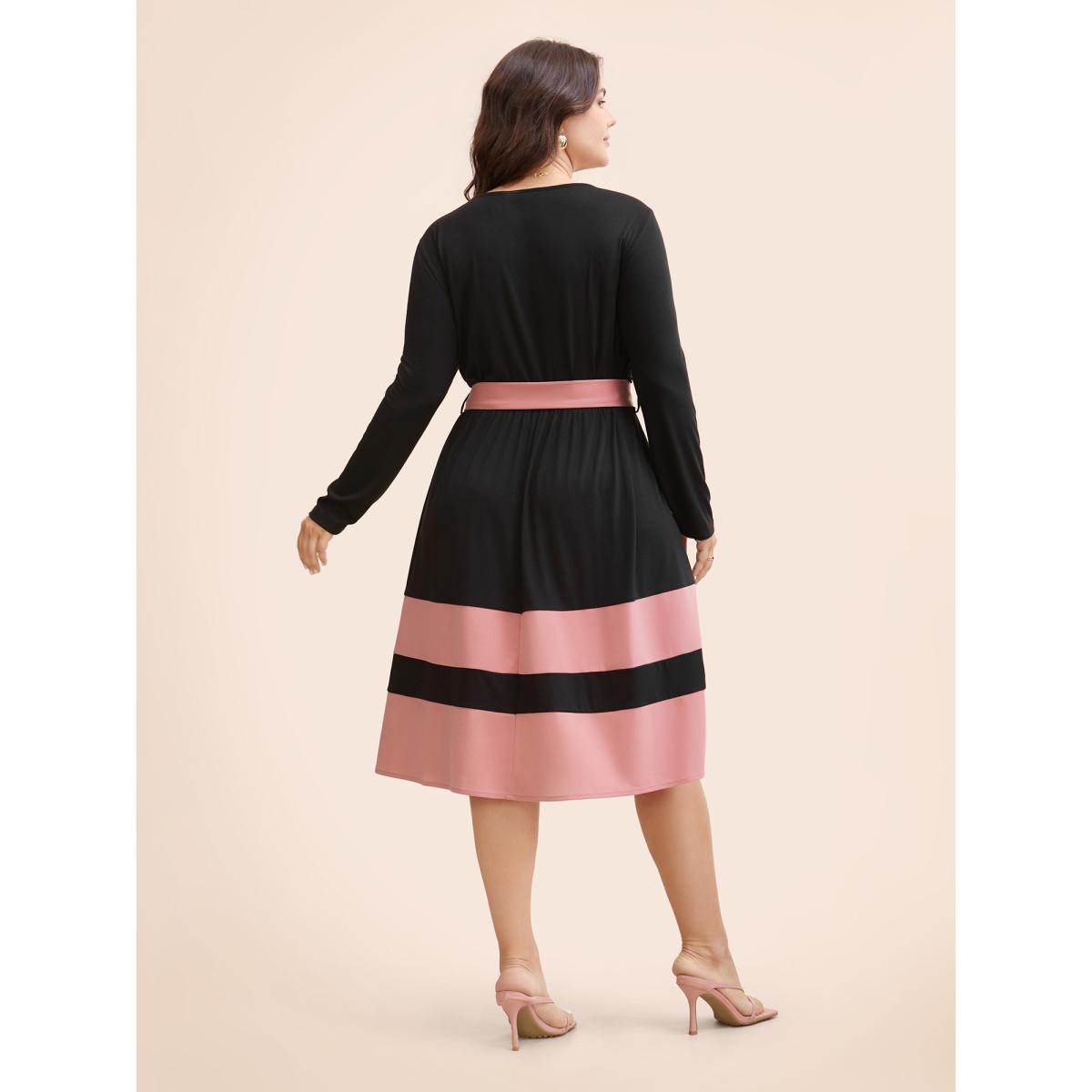 Plus Size Two Tone Belted Bowknot Square Neck Dress Black Women Elegant Non Square Neck Long Sleeve Curvy Knee Dress BloomChic 18-20/2X Product Image