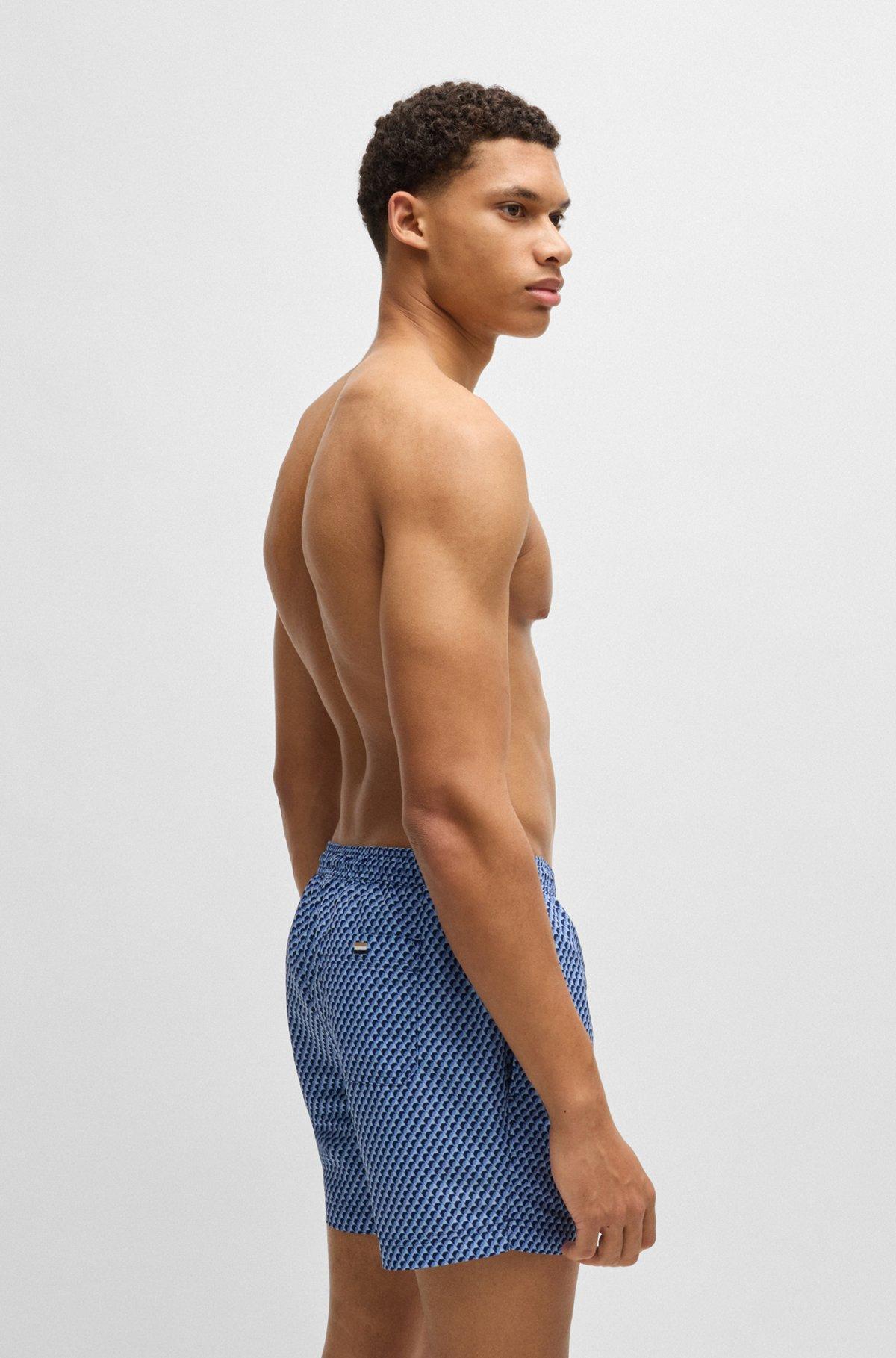 BOSS - Drawstring-waist swim shorts with all-over print - Blue Product Image