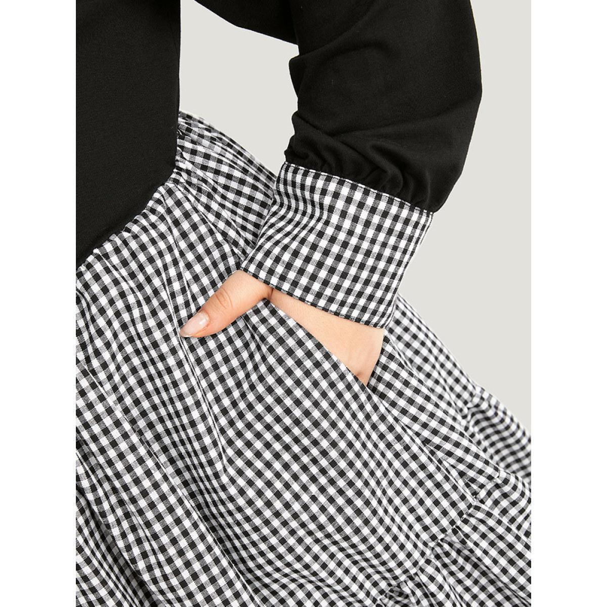 Plus Size Notched Drawstring Gingham Patchwor Dress Black Women Casual Patchwork Notched collar Long Sleeve Curvy Midi Dress BloomChic 22-24/3X Product Image