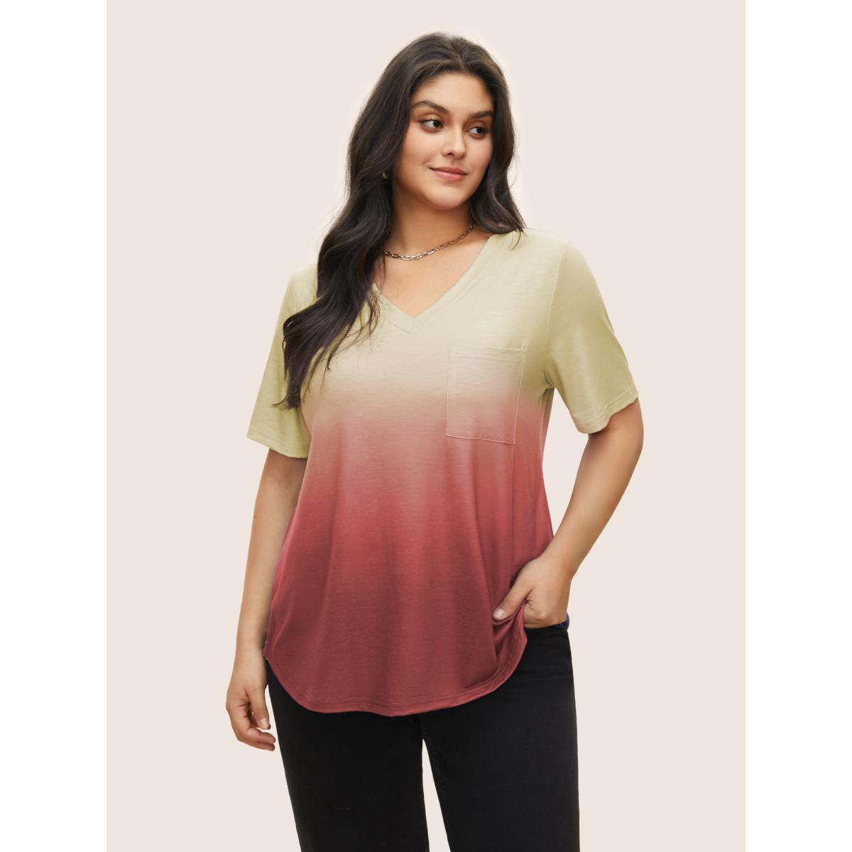 Plus Size Ombre Contrast Patched Pocket T-shirt Salmon Women Casual Non Ombre V-neck Everyday T-shirts BloomChic 18-20/2X Product Image