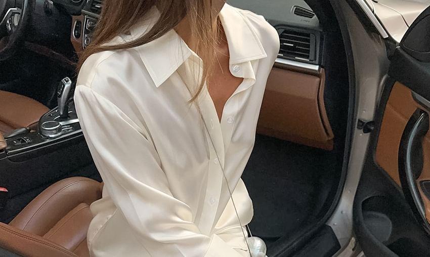 Set: Long-Sleeve Plain Button-Up Shirt + High Rise Wide Leg Pants Product Image