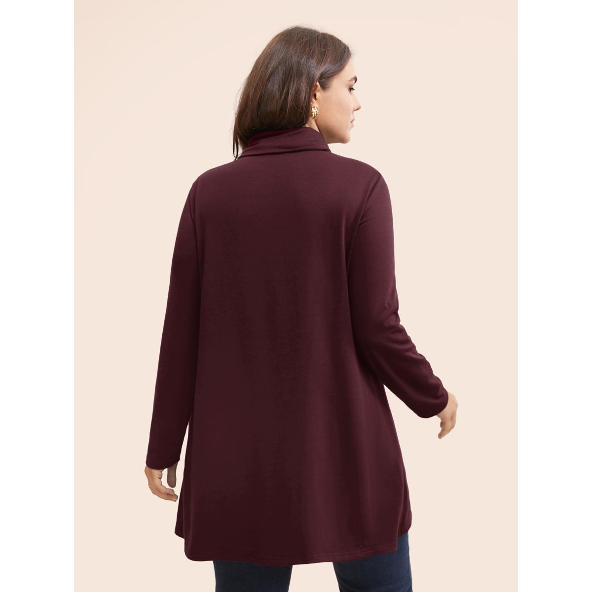 Plus Size Plain Wrap Hem Turtleneck Sweatshirt Women Burgundy Elegant Wrap Turtleneck Dailywear Sweatshirts BloomChic 14-16/1X Product Image