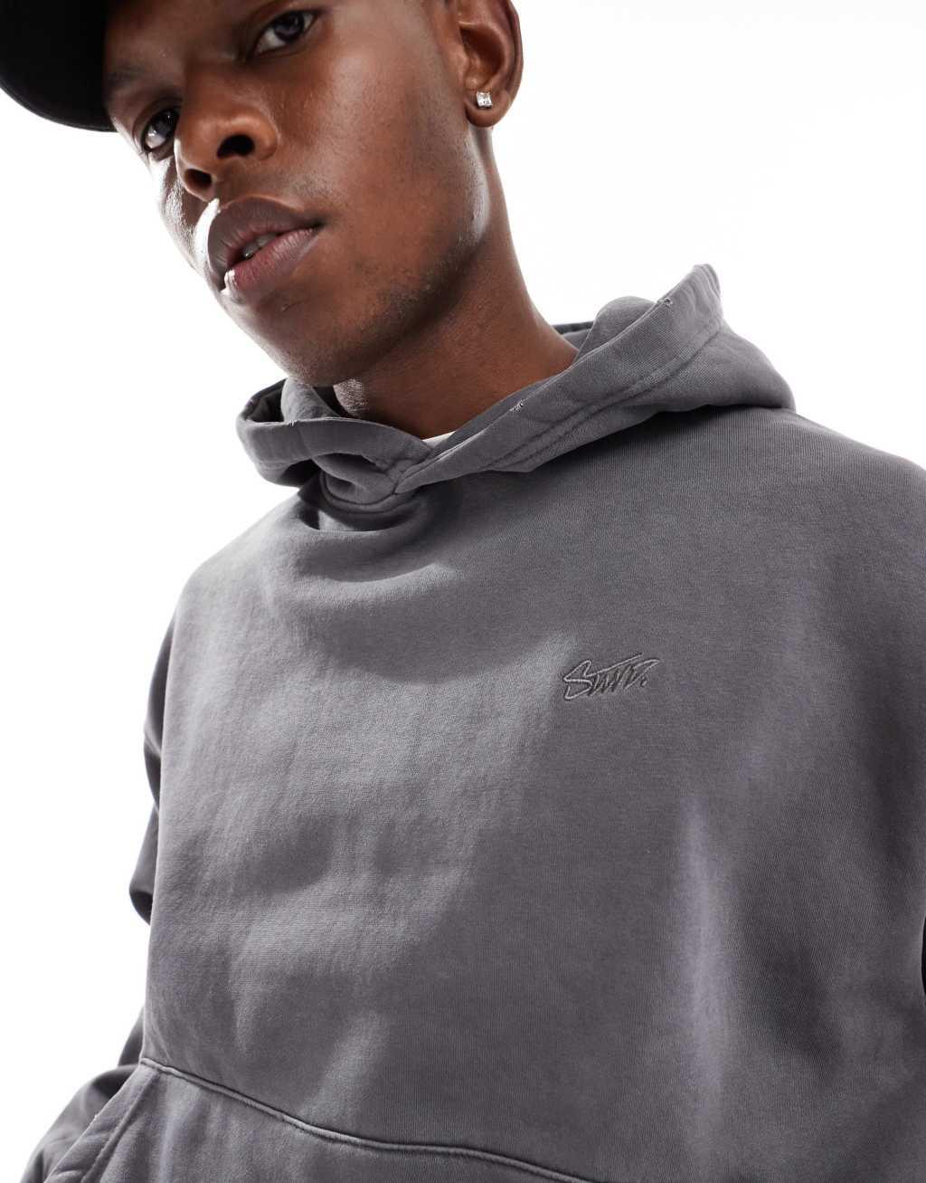 Pull&Bear stwd back embroidered hoodie in washed gray Product Image