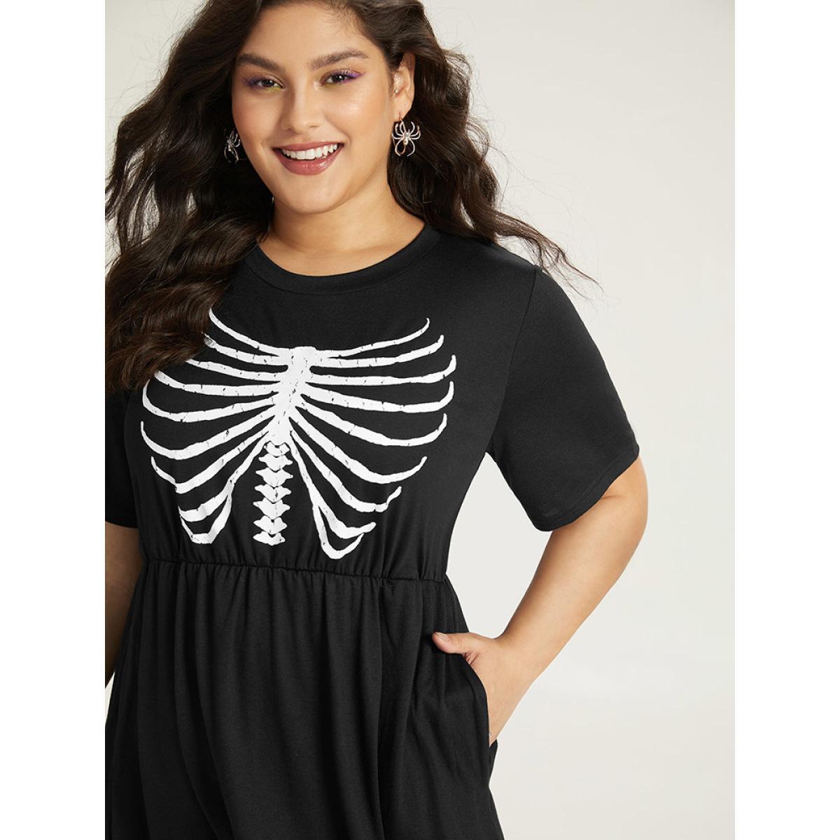 Plus Size Halloween Skull Print Pocket Elastic Waist Dress Black Women Casual Gathered Curvy Midi Dress BloomChic 30/6X Product Image