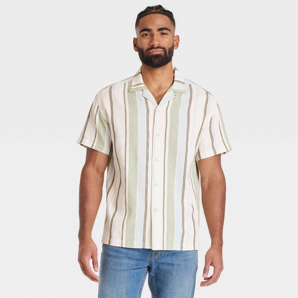 Mens Striped Short Sleeve Slub Camp Button-Down Shirt - Goodfellow & Co Sage L Product Image