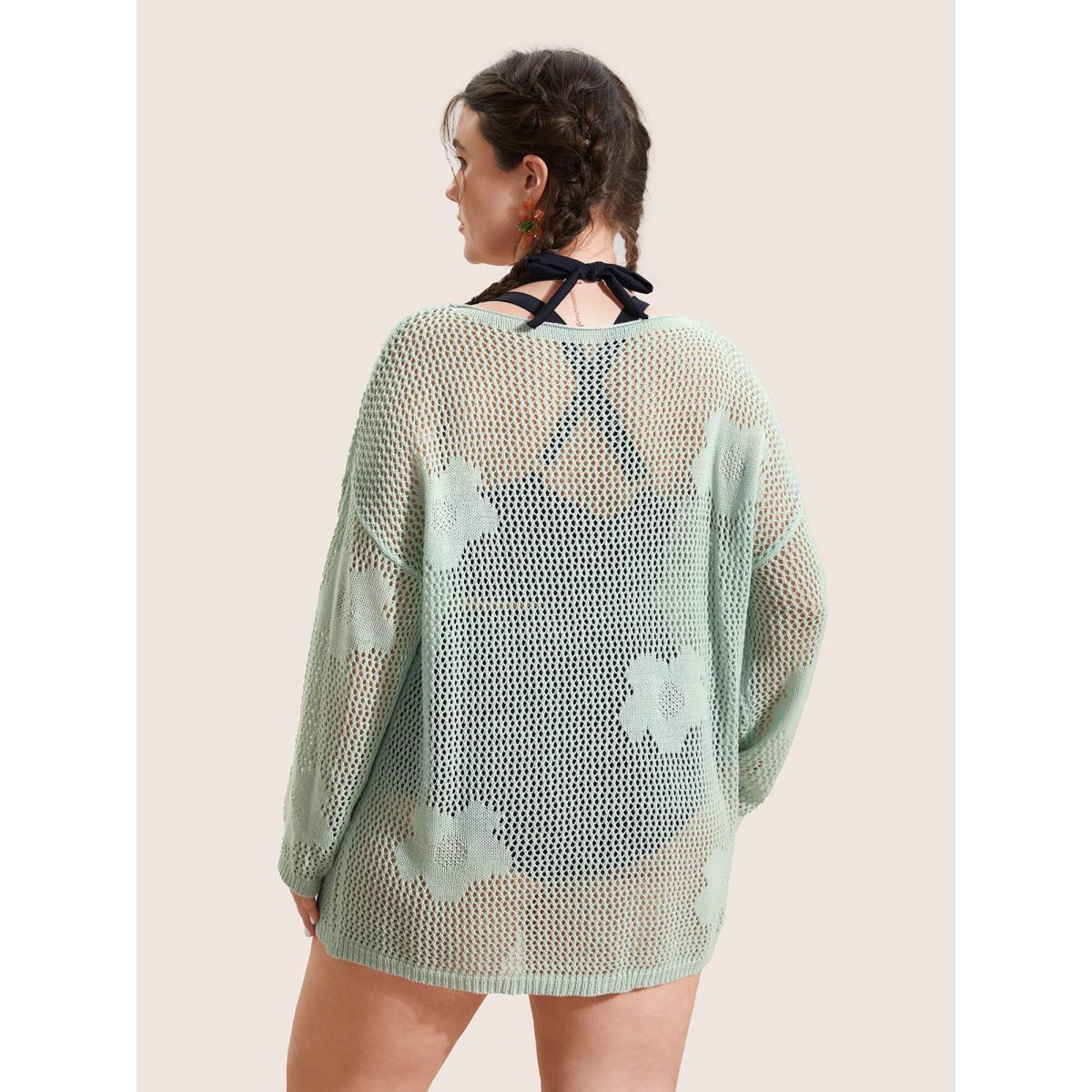 Plus Size Flowers Drop shoulder sleeve Swim Cover Up Women's Swimwear LightGreen Beach Loose Texture Curve Swim Cover Ups BloomChic 22-24/3X Product Image