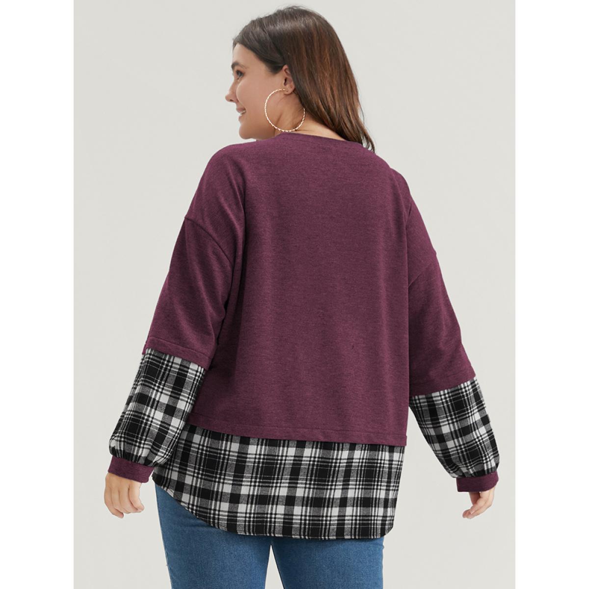 Plus Size Plaid Patchwork Round Neck Arc Hem Sweatshirt Women Burgundy Casual Contrast Round Neck Dailywear Sweatshirts BloomChic 28/5X Product Image