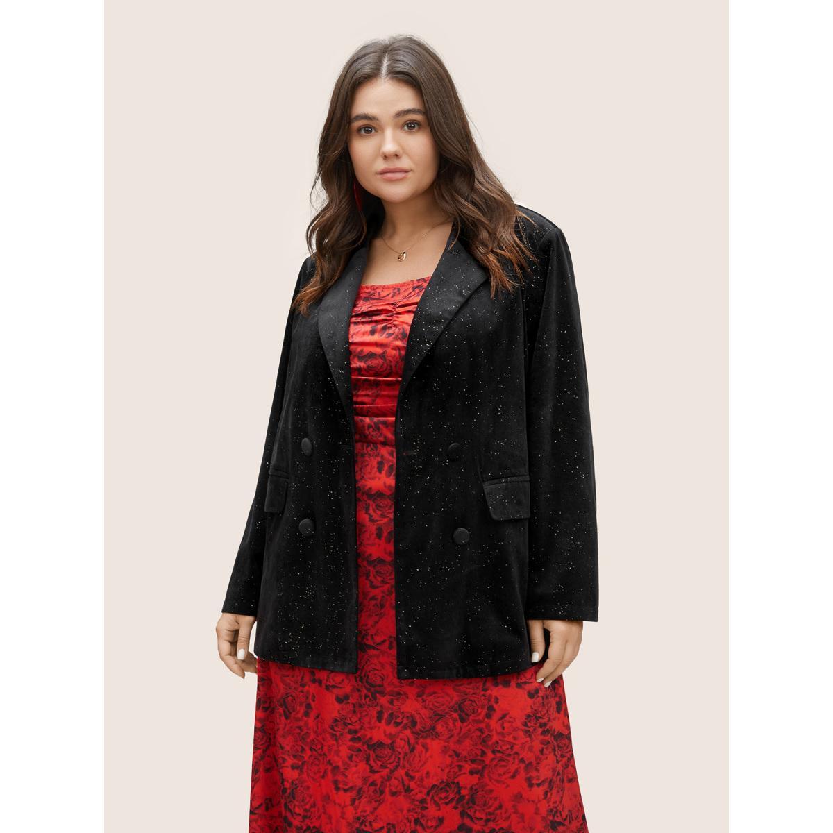 Plus Size Galaxy Glitter Pocket Suit Collar Blazer Black Women Party Plain Non Sleeve Long Sleeve Suit Collar 22-24/3X Open pocket with flap Cocktail Blazers BloomChic Product Image