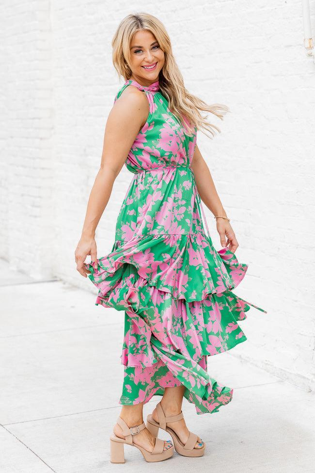An Inspiration Green and Pink Printed Satin Halter Maxi Dress FINAL SALE Product Image