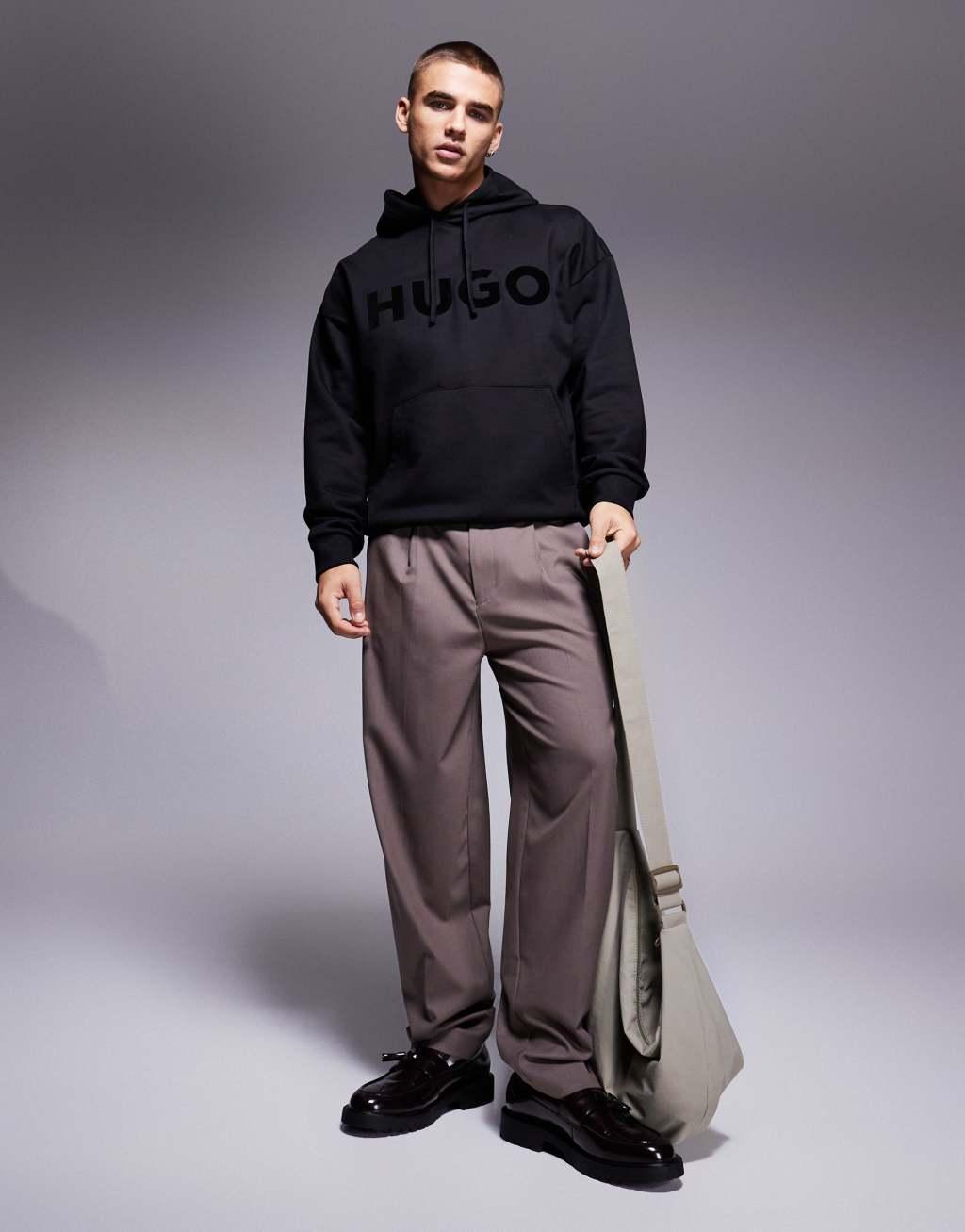 HUGO Red oversized ditchle large chest logo hoodie in black  Product Image