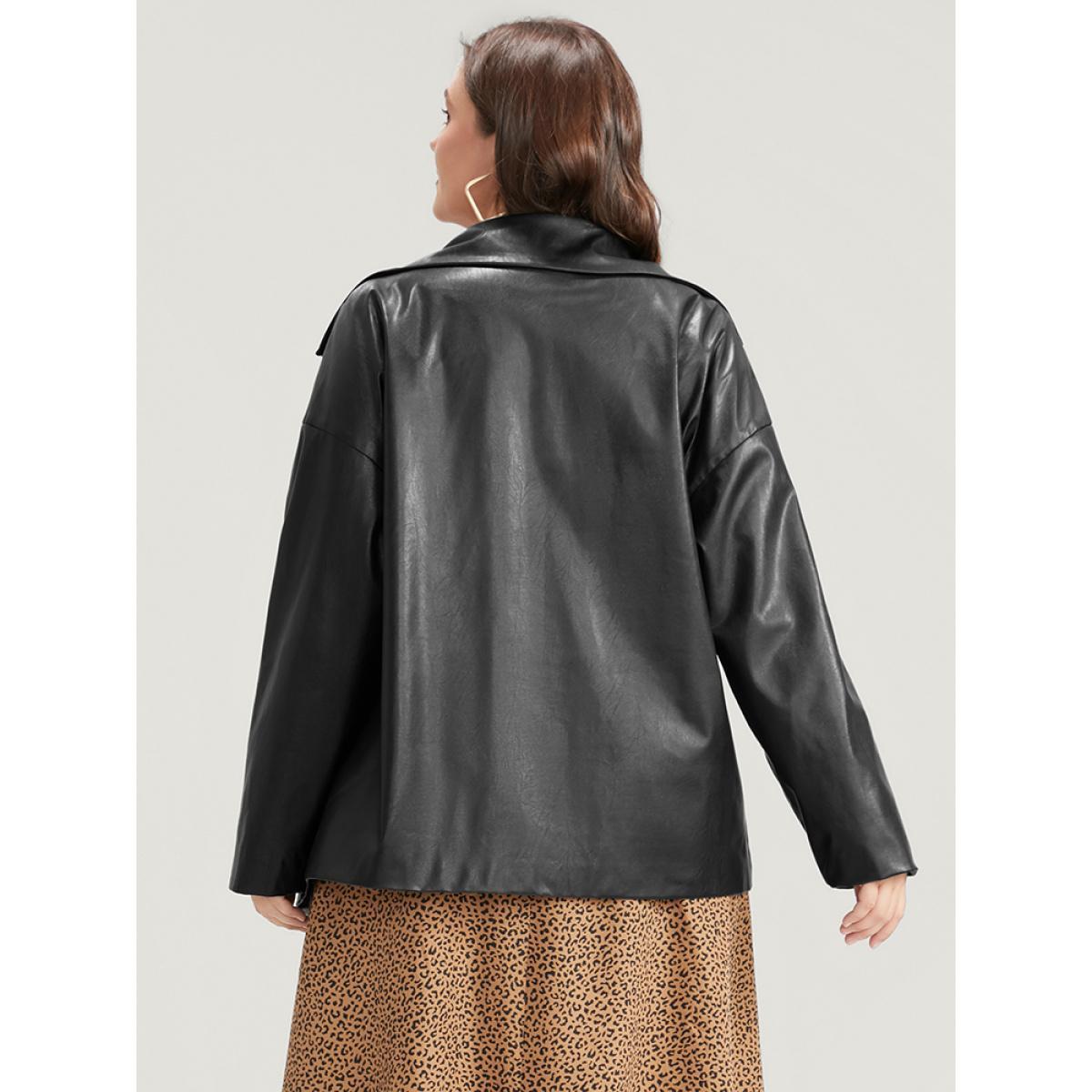 Plus Size PU Leather Pocket Suit Collar Blazer Black Women Going out Plain Sleeve Long Sleeve Suit Collar 18-20/2X Pocket Glamour Blazers BloomChic Product Image