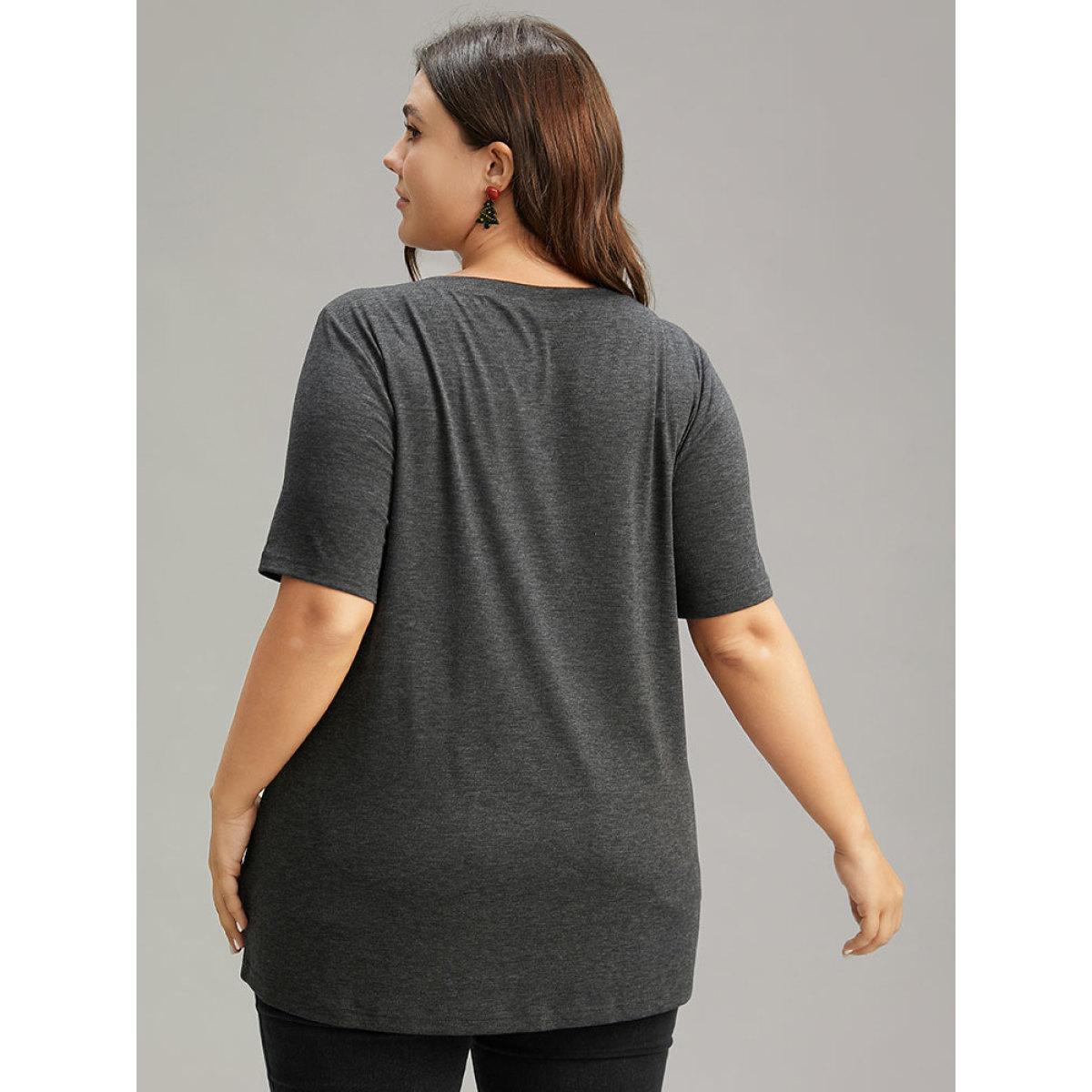 Plus Size Plaid Bear Patchwork Round Neck T-shirt DimGray Women Casual Printed Christmas Festival-Christmas T-shirts BloomChic 10/M Product Image